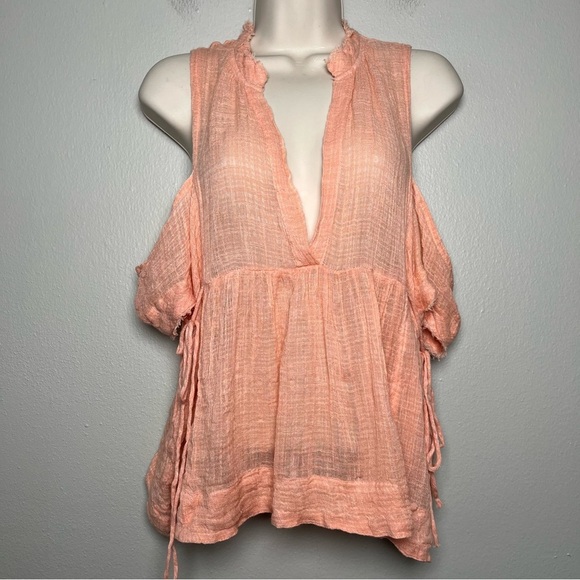 Free People One Women Top Small Pink Gauze Cotton Cold Shoulder Boho Cottagecore - Picture 1 of 12
